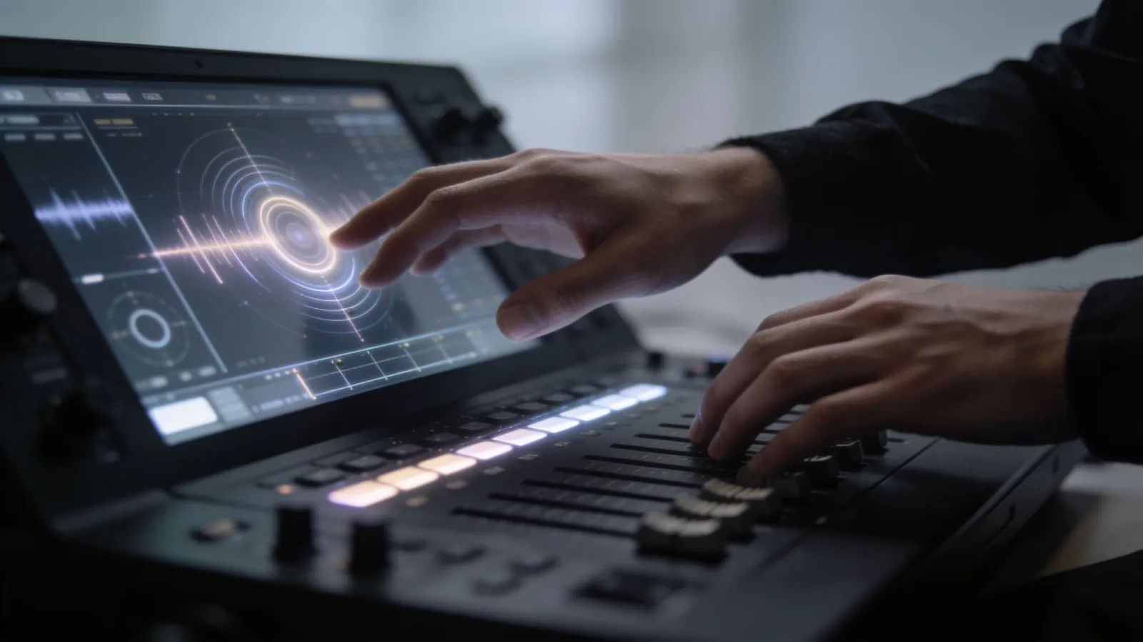 Hands hovering uncertainly over an audio console
