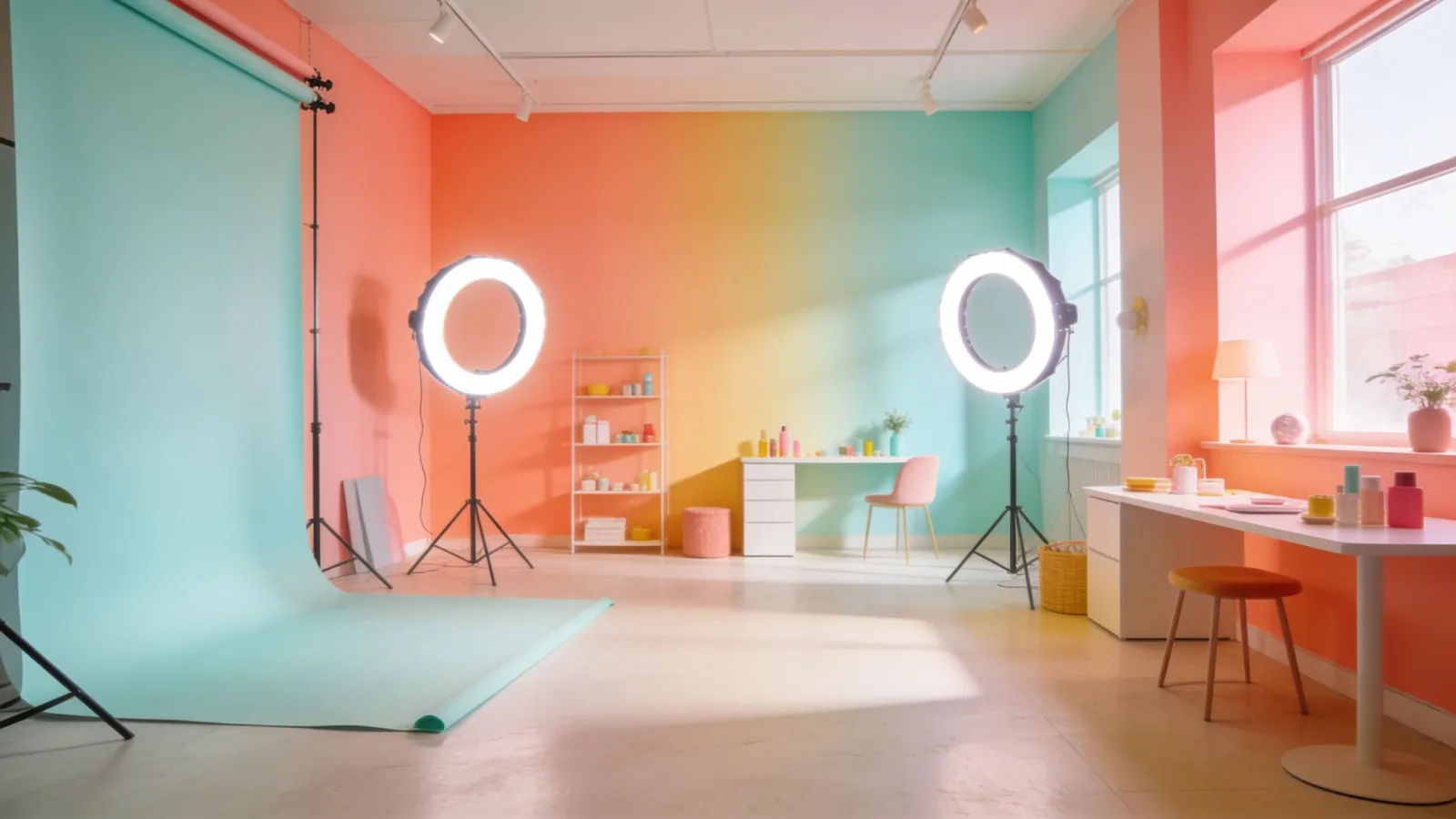 Bright modern content-creation studio set