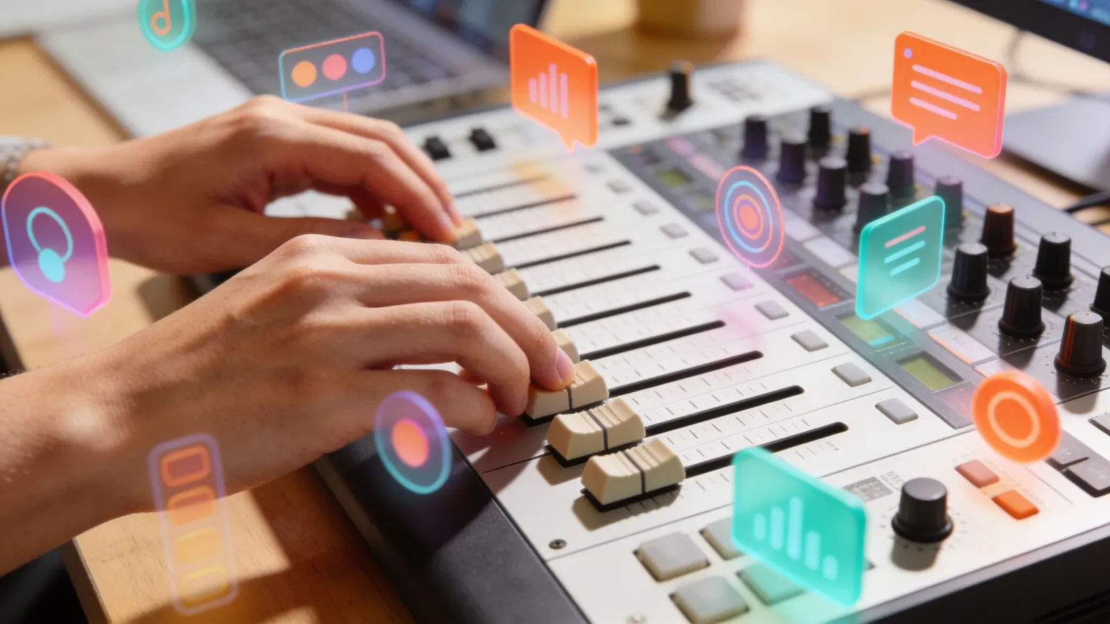 Hands at a bright colorful audio console