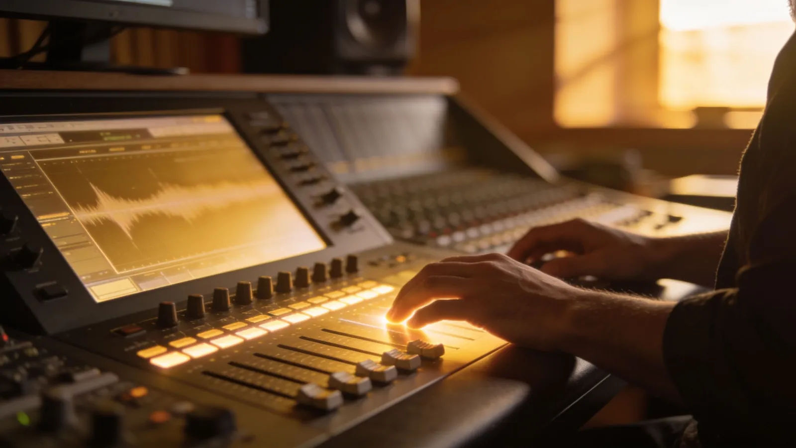 Hands on audio console in warm studio