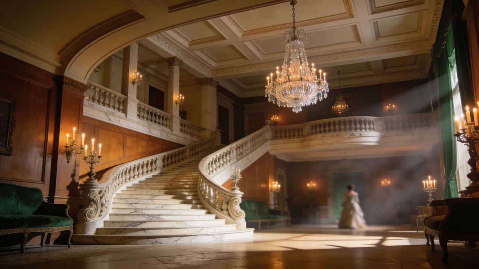 Grand classical estate interior with staircase and chandeliers