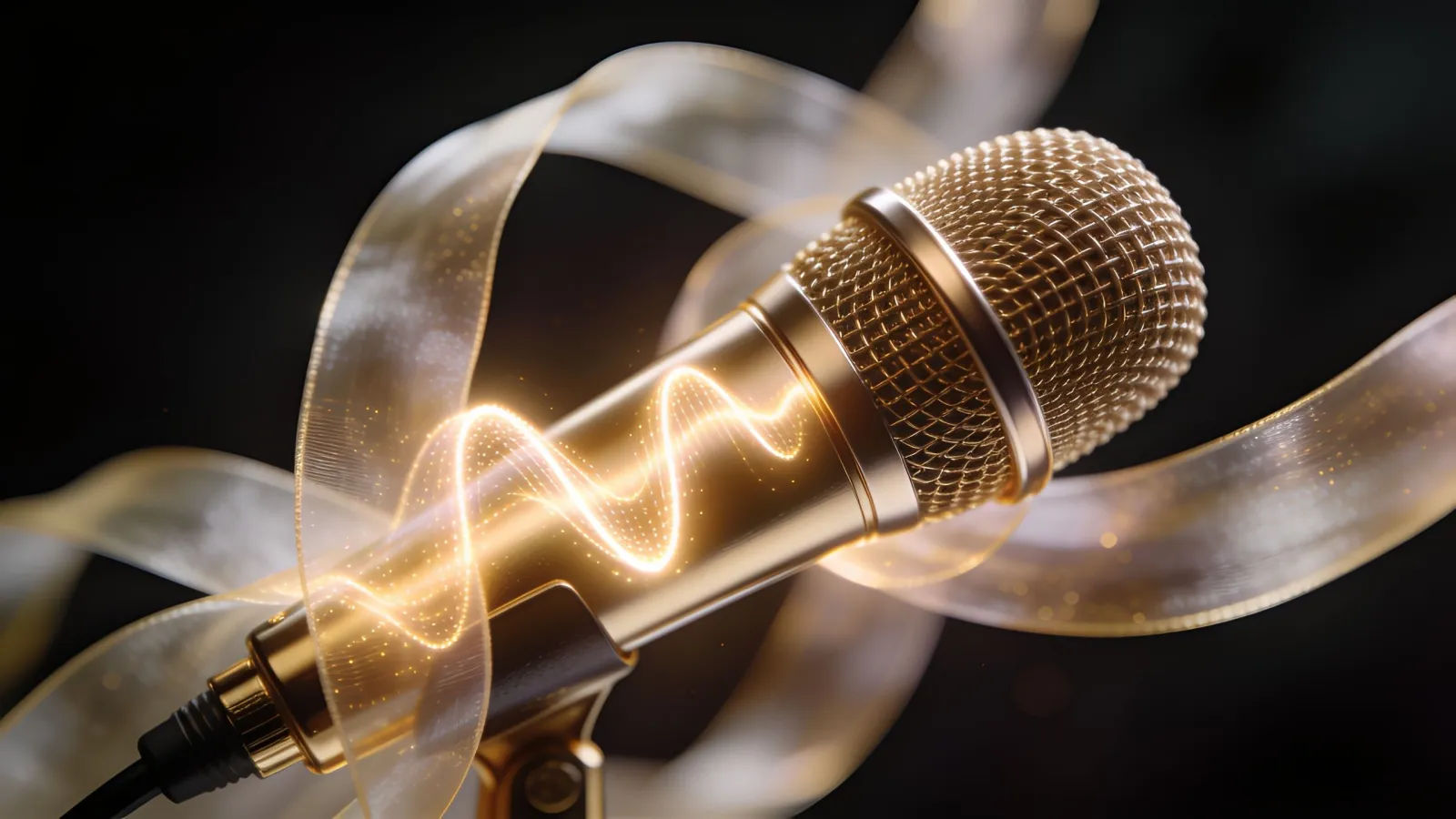 Elegant microphone with champagne-gold glowing waveform