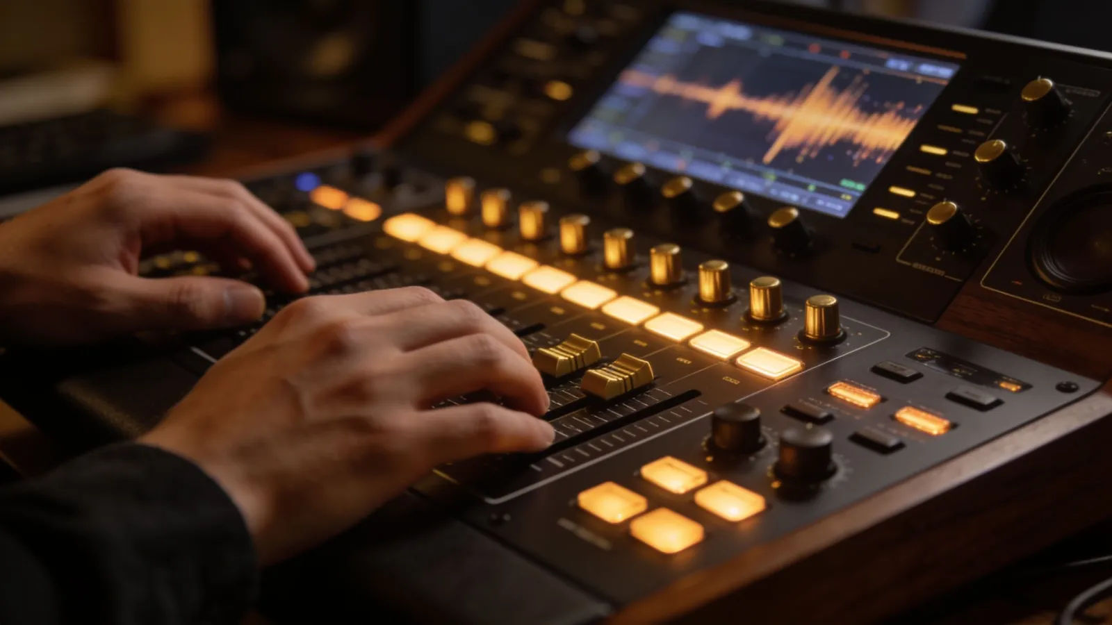 Hands at a refined audio console, gold and walnut tones
