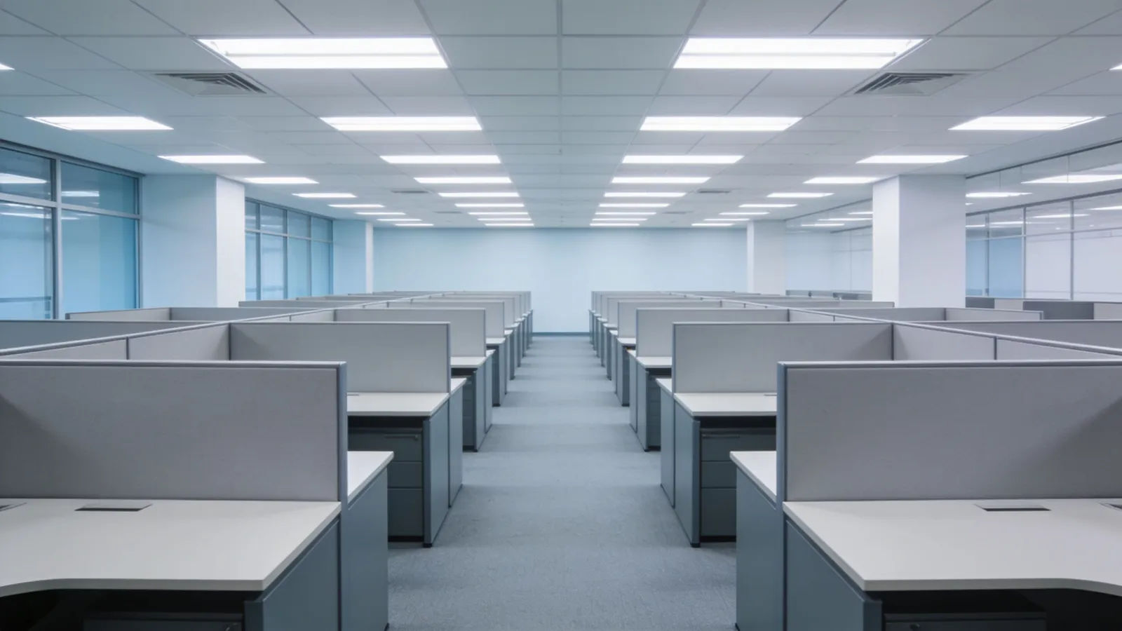 Immaculate minimalist office with rigid empty desk rows