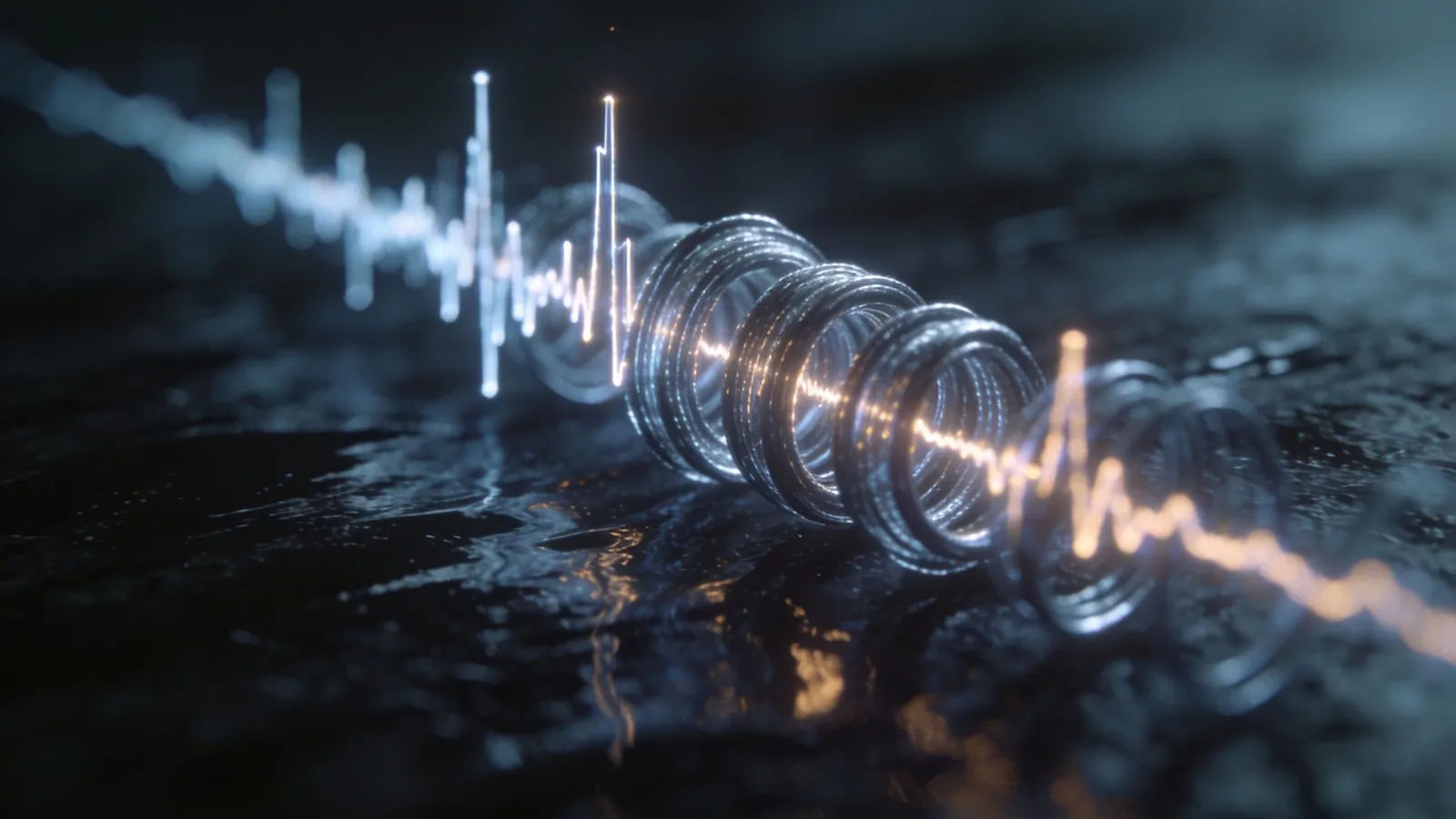 Tightly-coiled soundwave with sharp clipped peaks, cold glow
