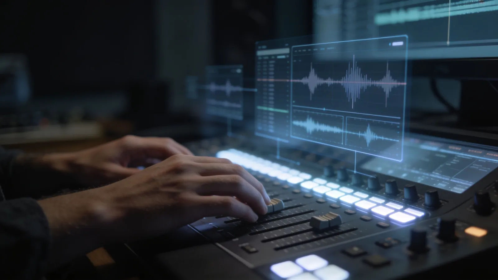 Precise hands at pristine console with orderly waveform UI