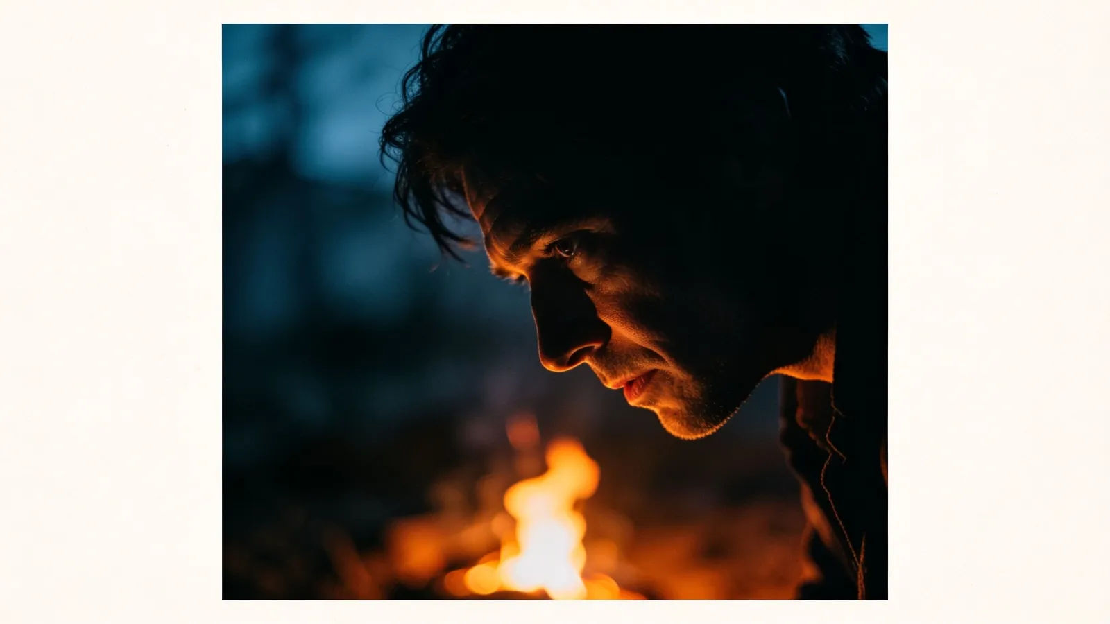 Shadowed storyteller leaning into low firelight
