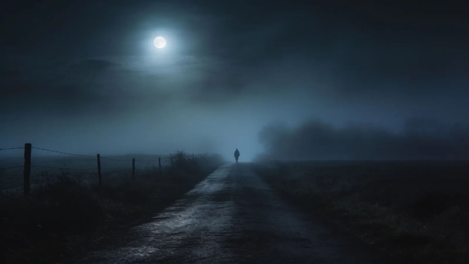 Lonely fog-shrouded country road at midnight