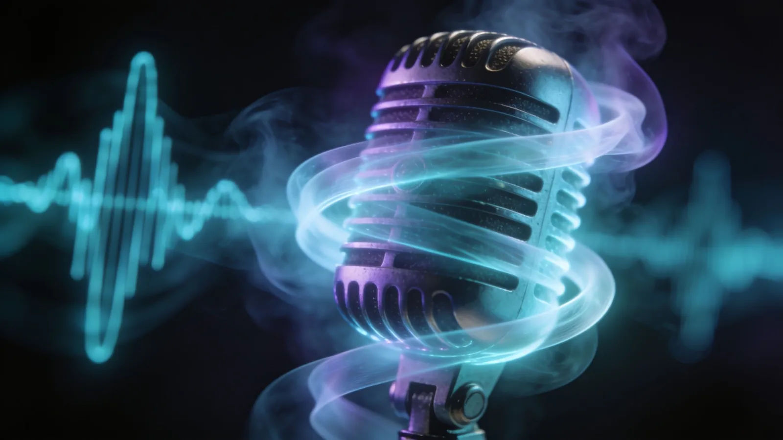 Vintage microphone with cold misty glowing waveform
