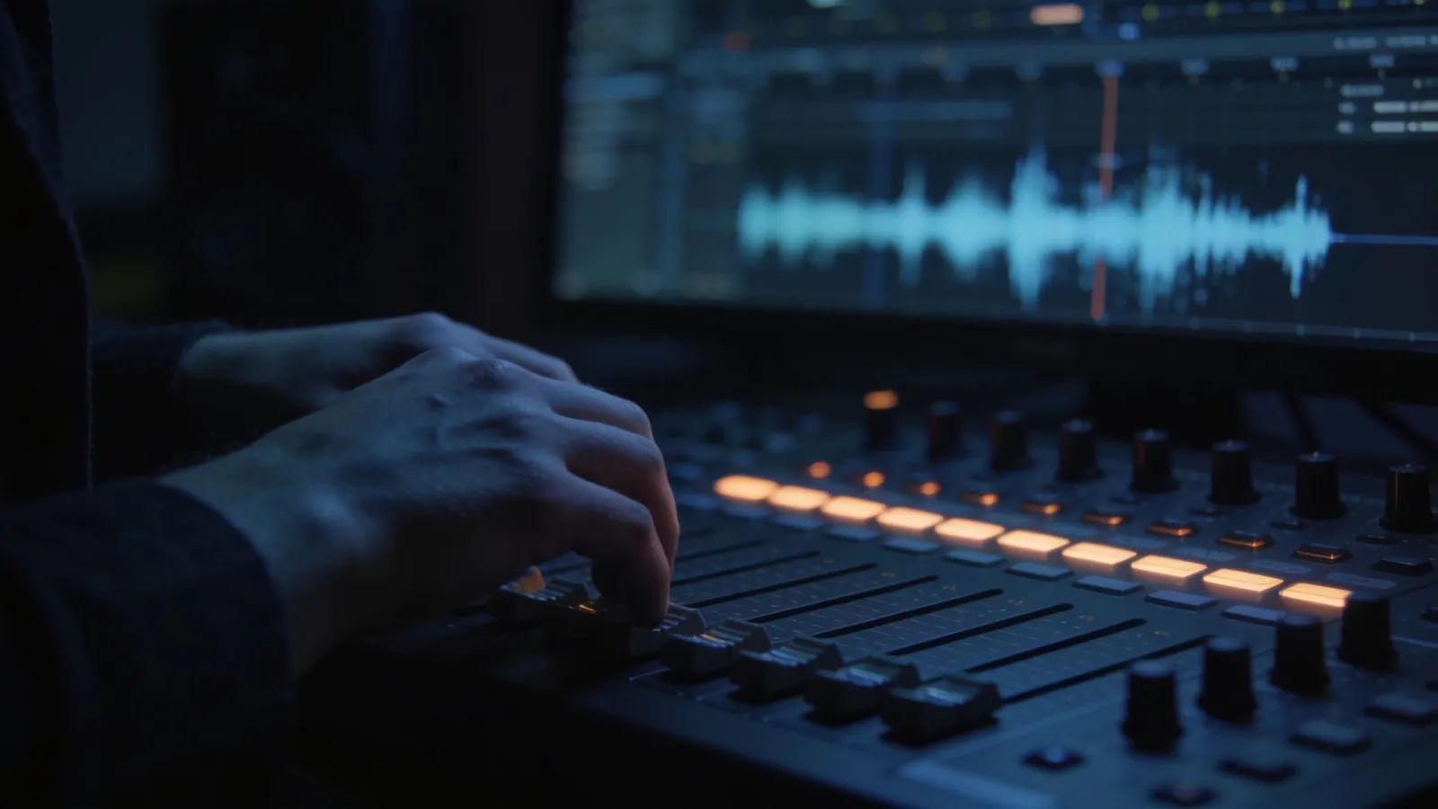 Hands at a dim audio console, cold blue and ember light
