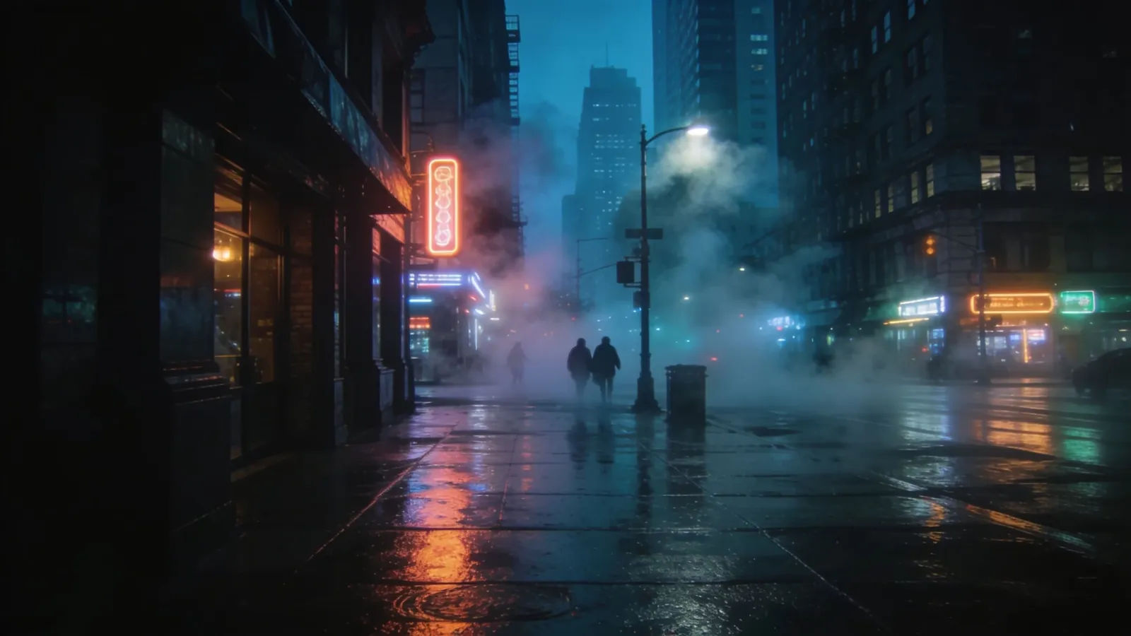 Moody neon-lit night city street
