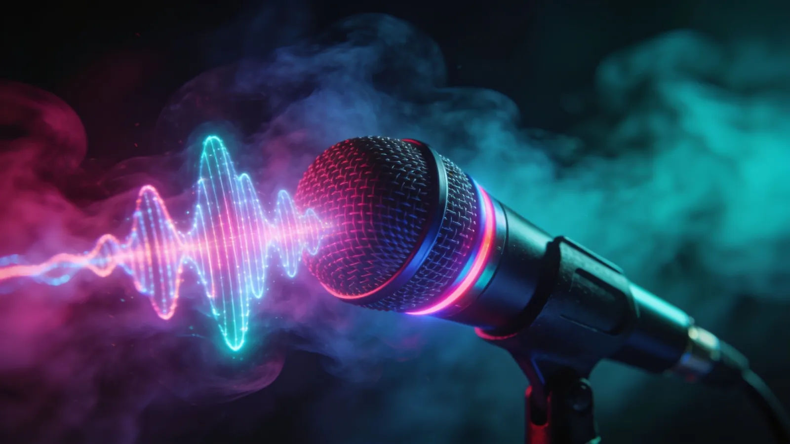 Microphone with vivid neon waveform in haze