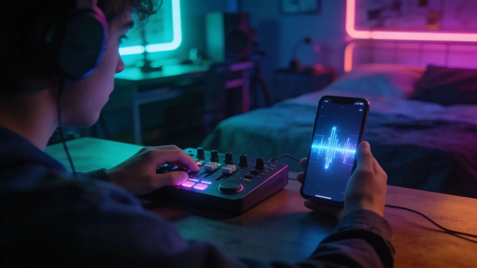 Hands on controller with glowing audio interface