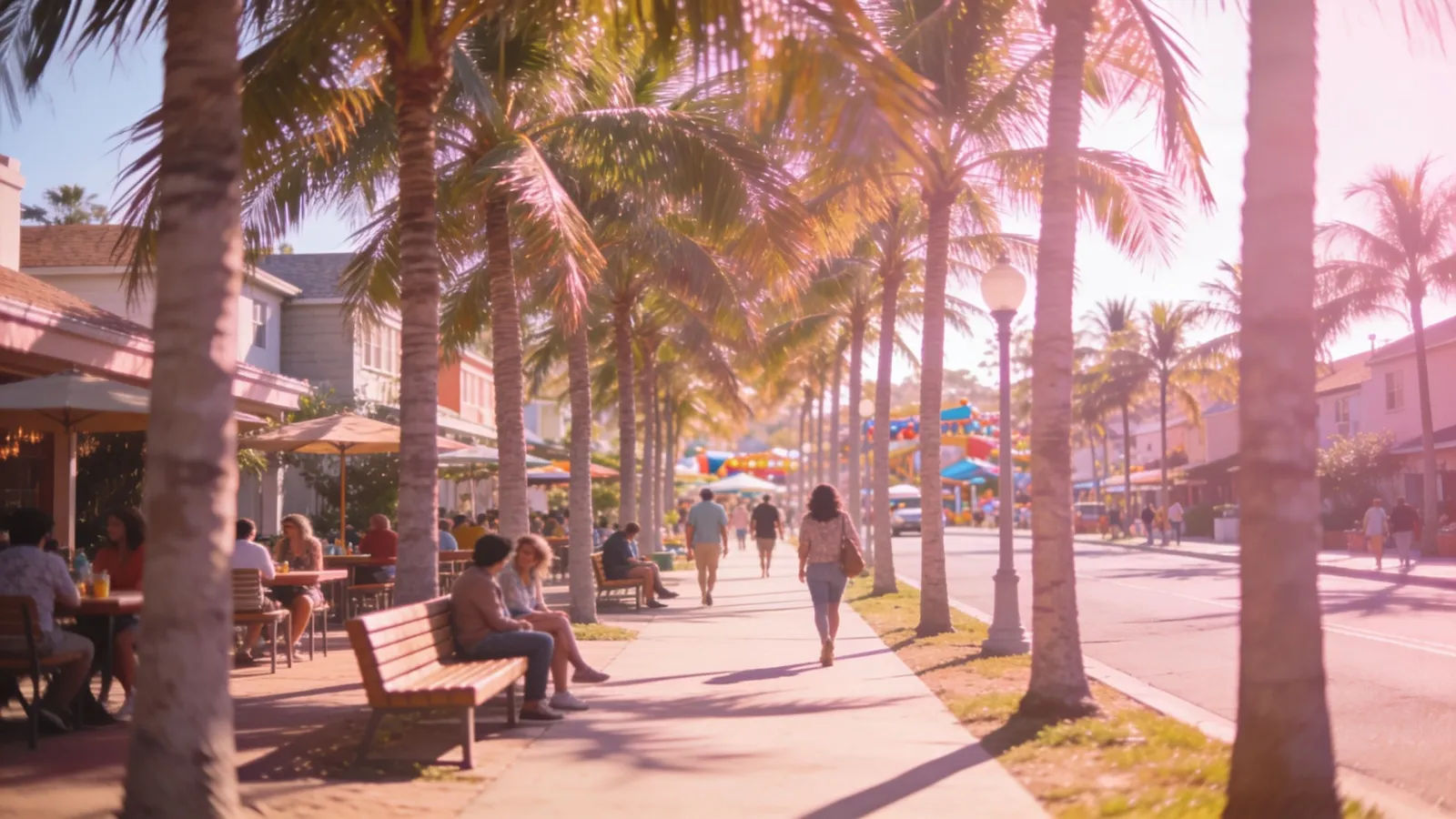 Sunny suburban palm-lined street hangout