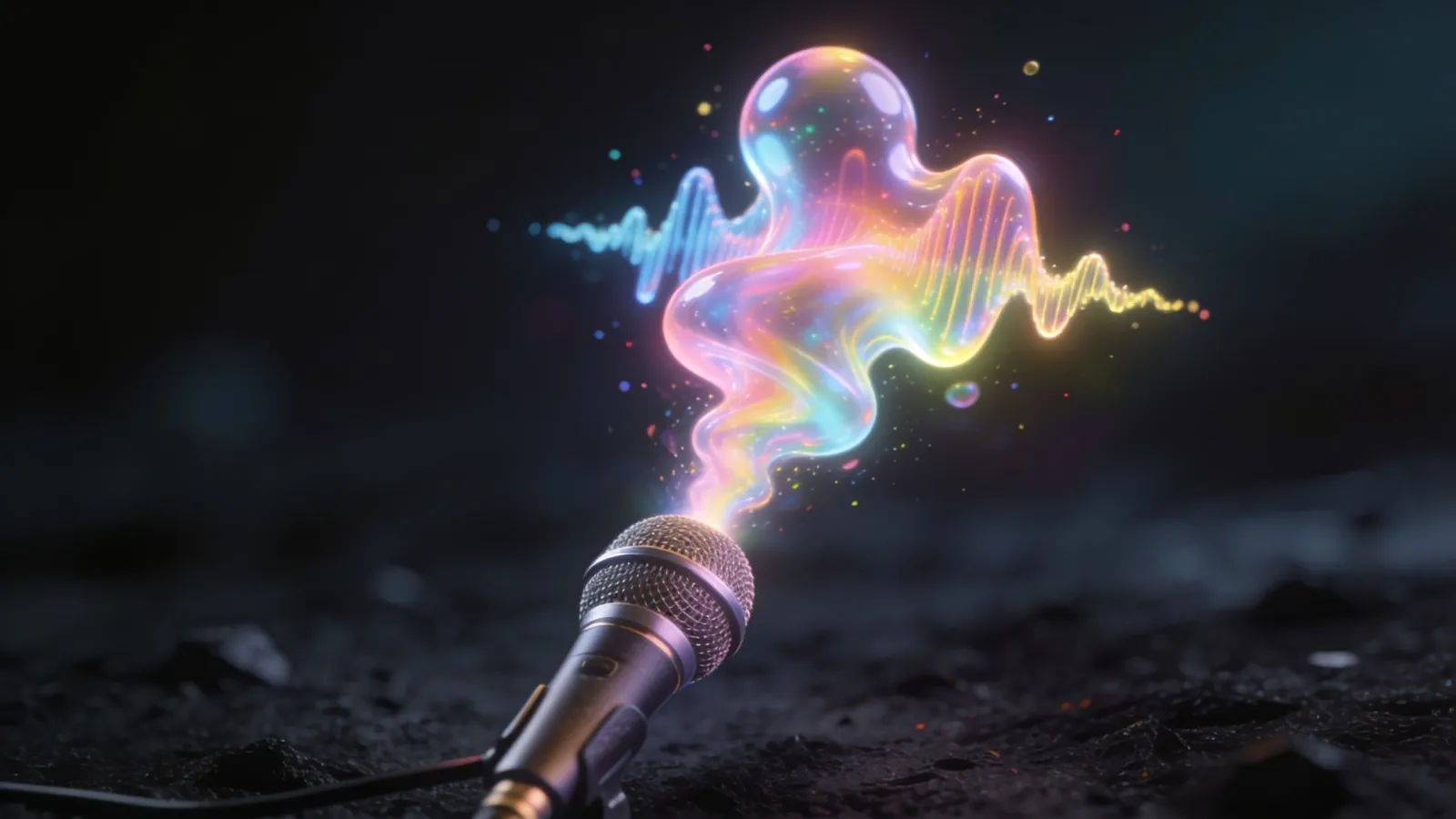 Lively colorful waveform rising from microphone