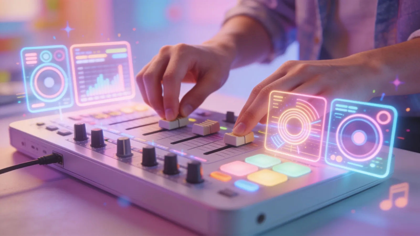 Hands at console with bright pastel panels
