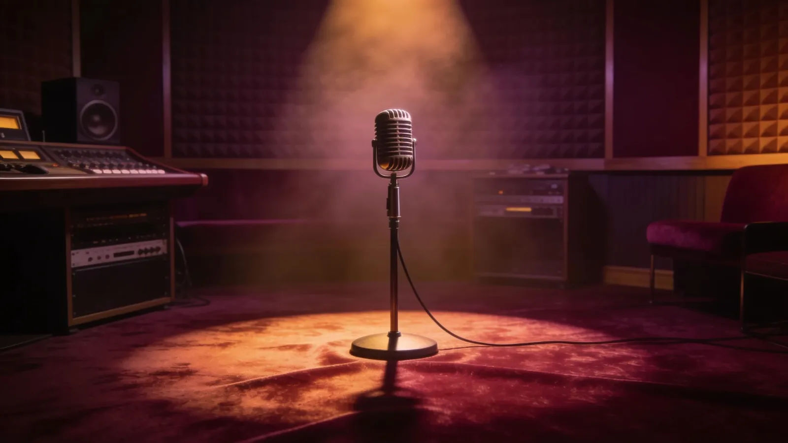 Plush dim radio studio with spotlit microphone