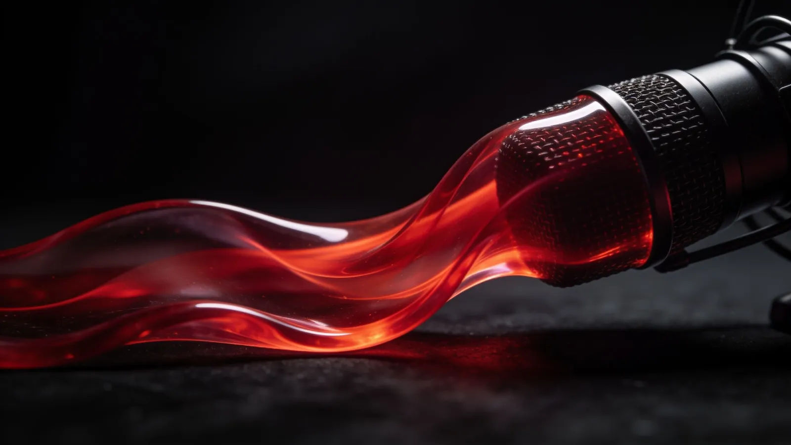 Silky deep-red waveform across a studio microphone