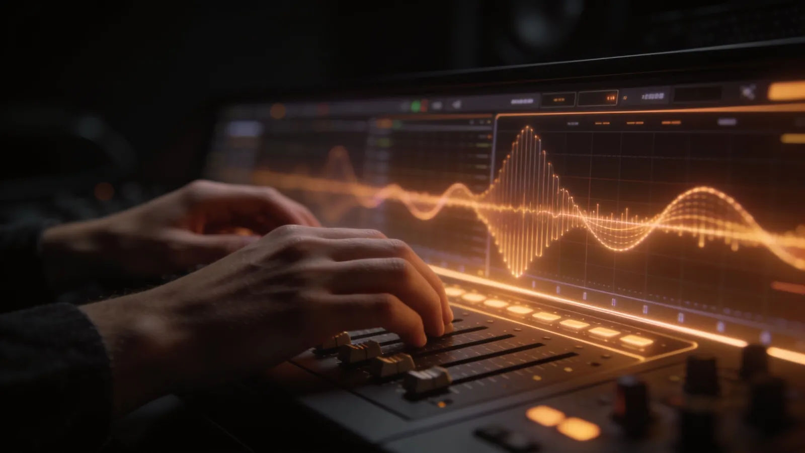 Hands at a warm amber audio console