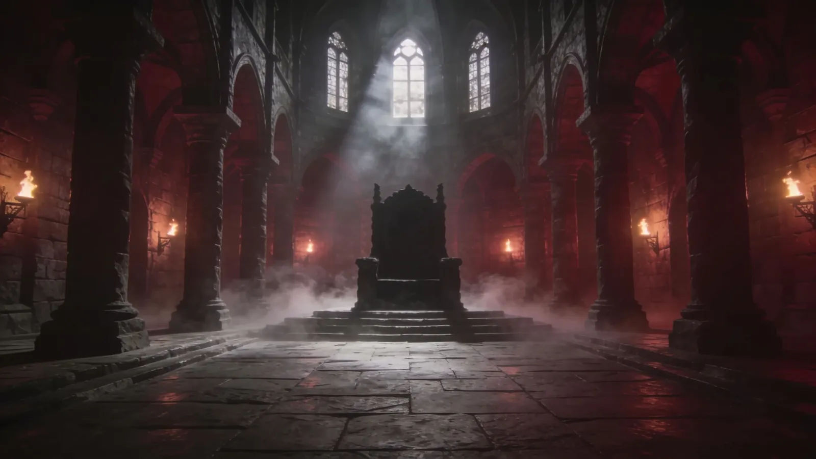 Shadowy stone throne hall with cold light