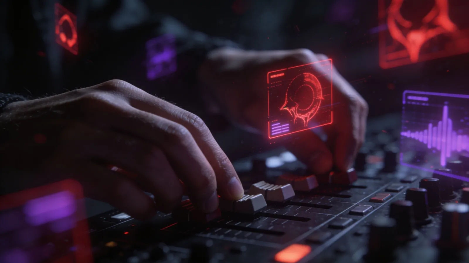 Hands at a dark crimson-lit mixing console
