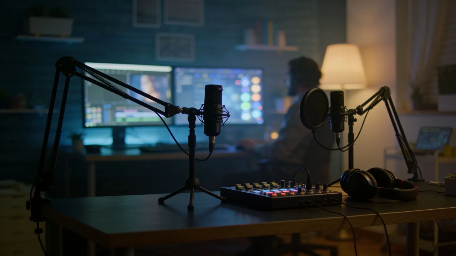 Modern multimedia creation studio with glowing screens