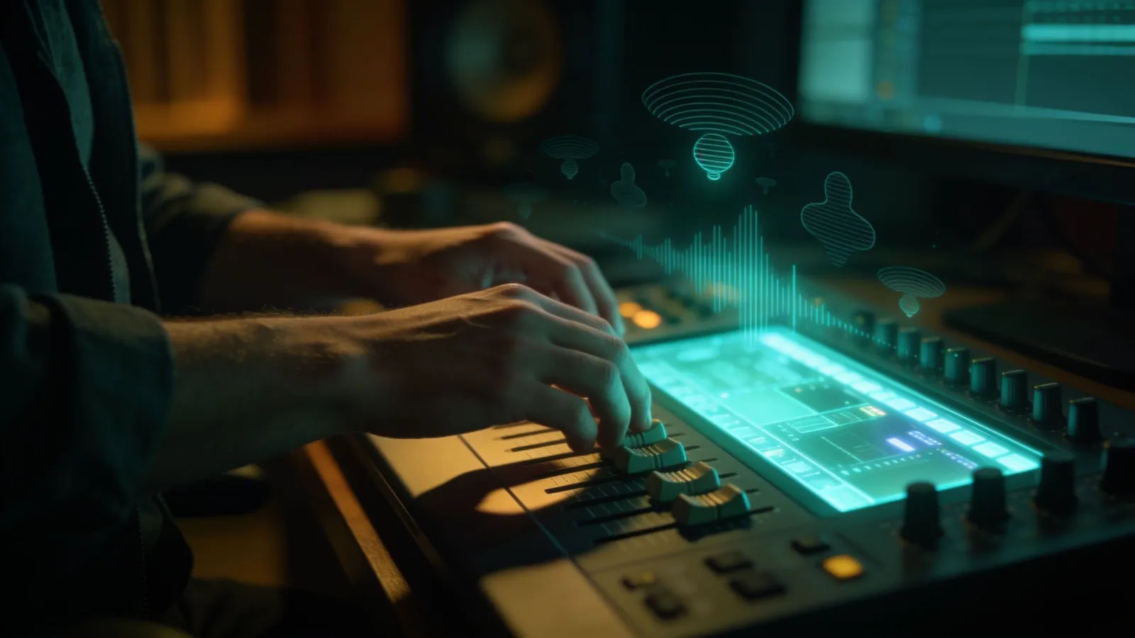 Hands shaping sound at an illuminated console and touchscreen