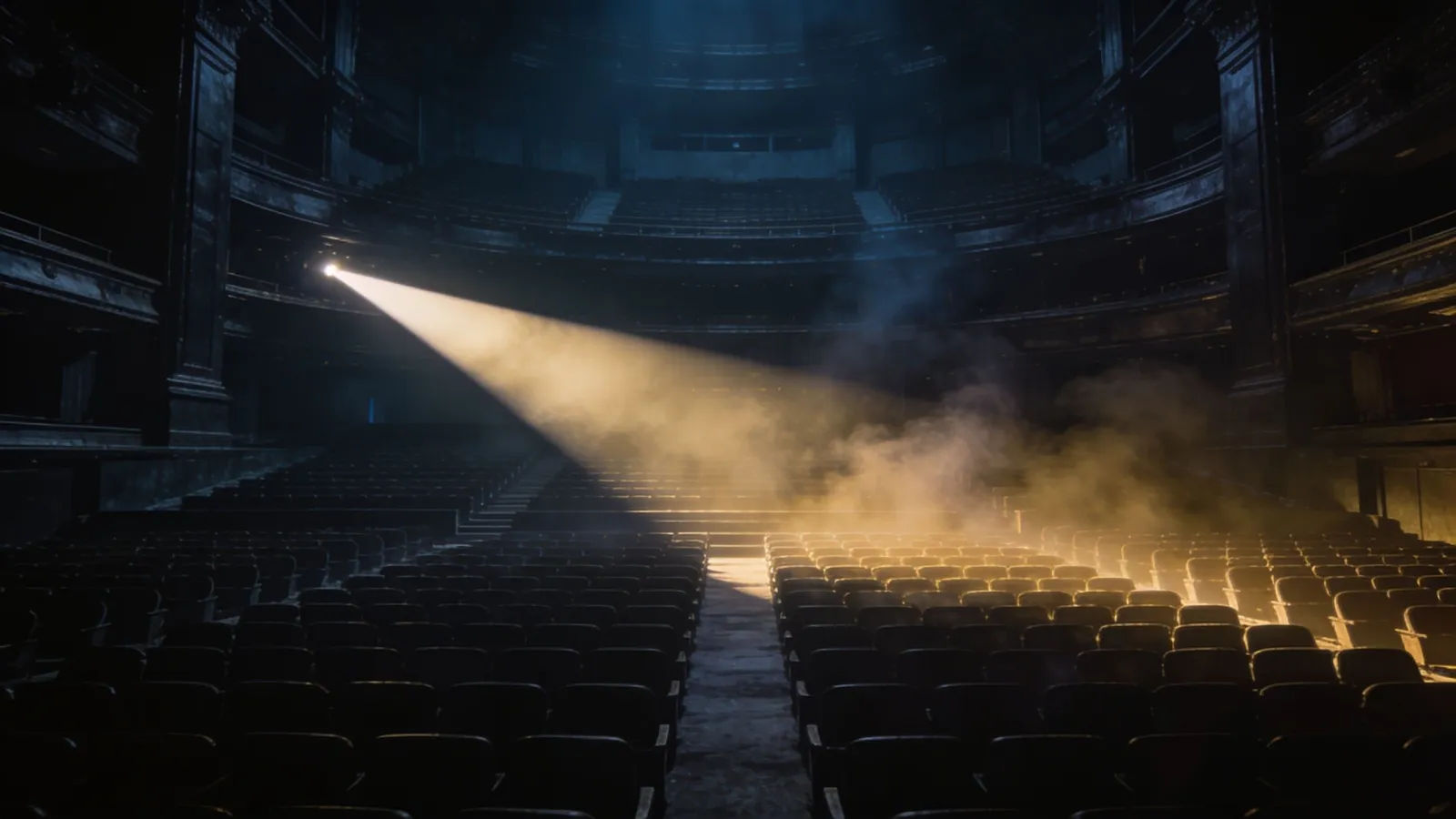 Grand auditorium lit by a dramatic cinematic beam