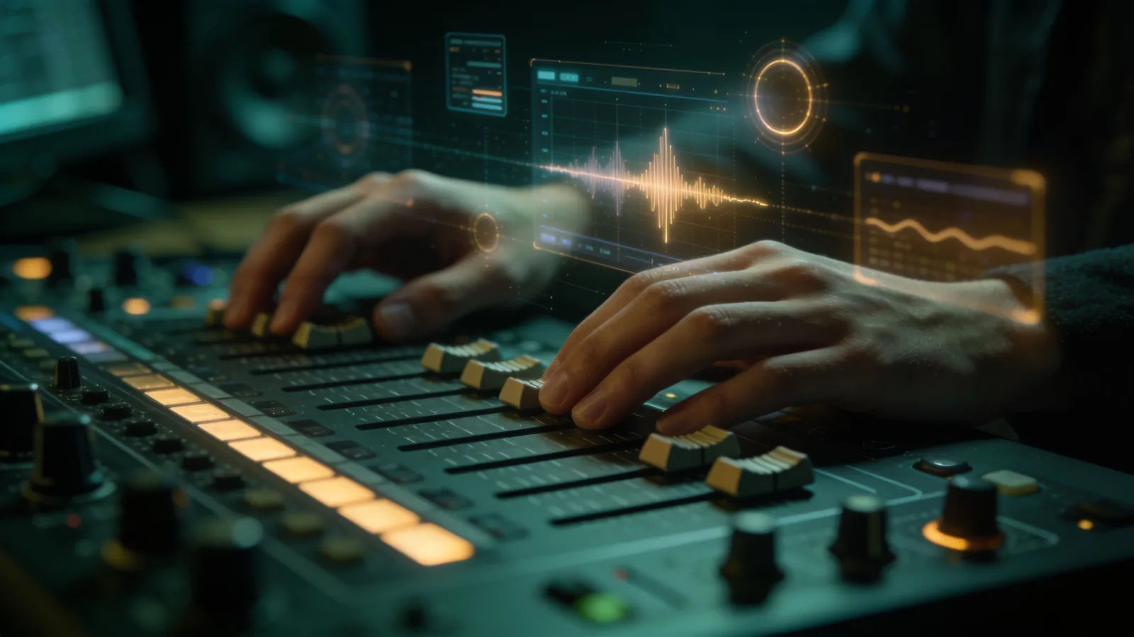Hands at an audio console with glowing interface