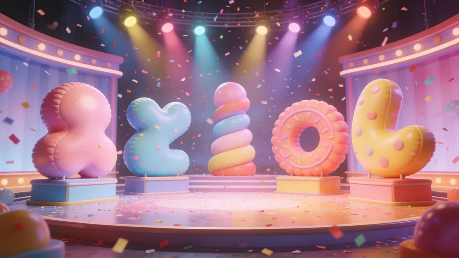 Playful whimsical game-show stage with confetti