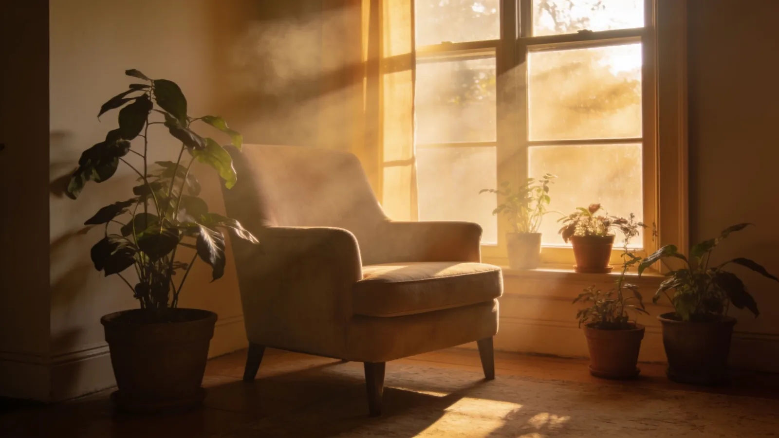 Cozy sunlit armchair by window at golden hour