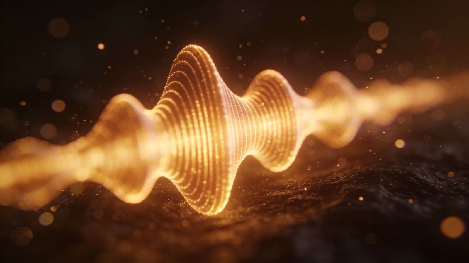 Soft rounded luminous soundwave glowing warmly on dark surface