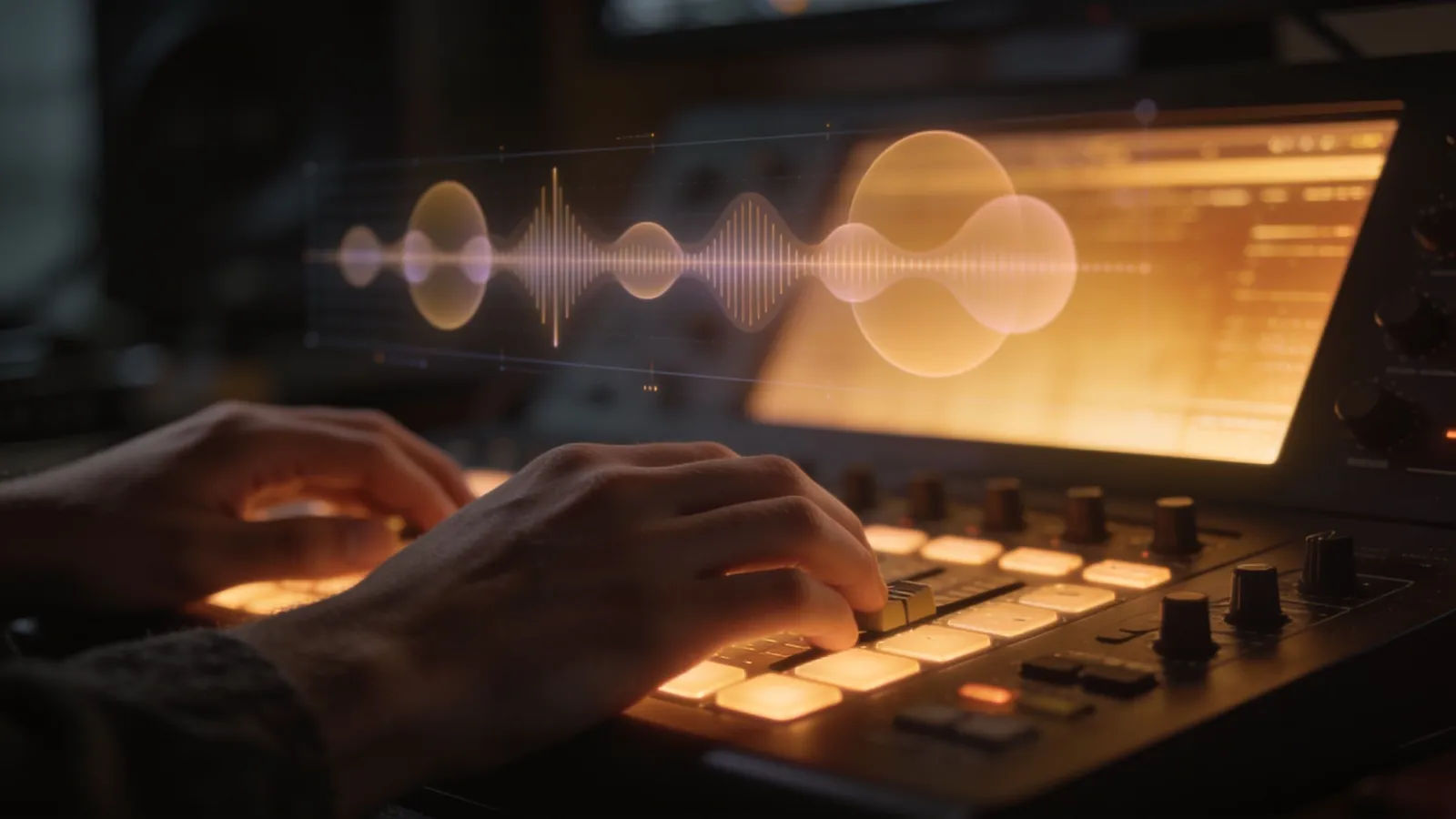 Relaxed hands at warm console with soft waveform UI