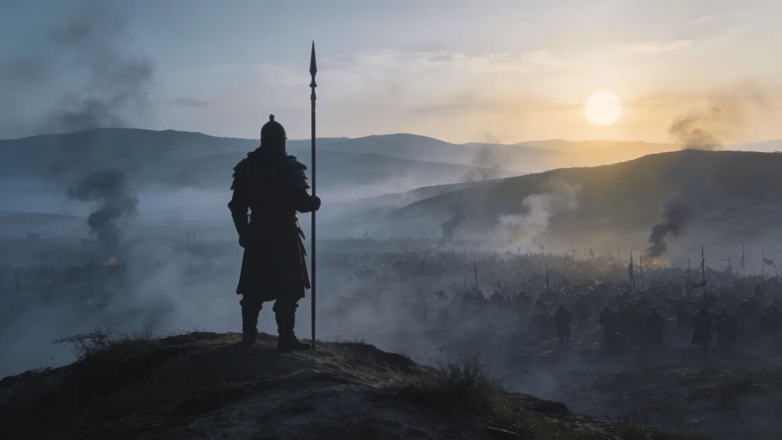 Lone warrior silhouette on a misty battlefield ridge
