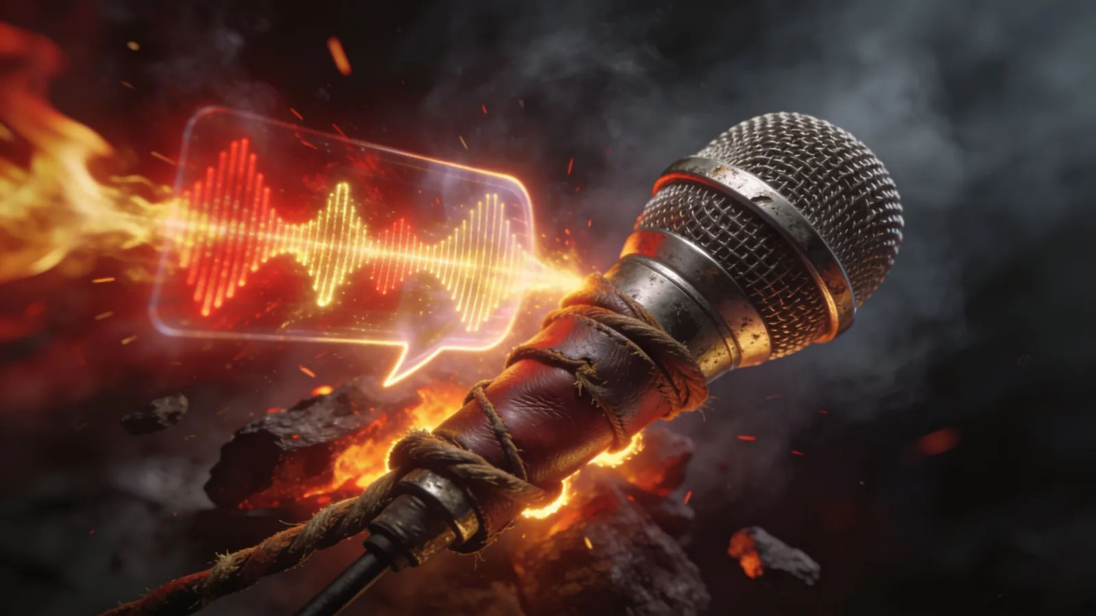 Rugged microphone with fierce crimson waveform