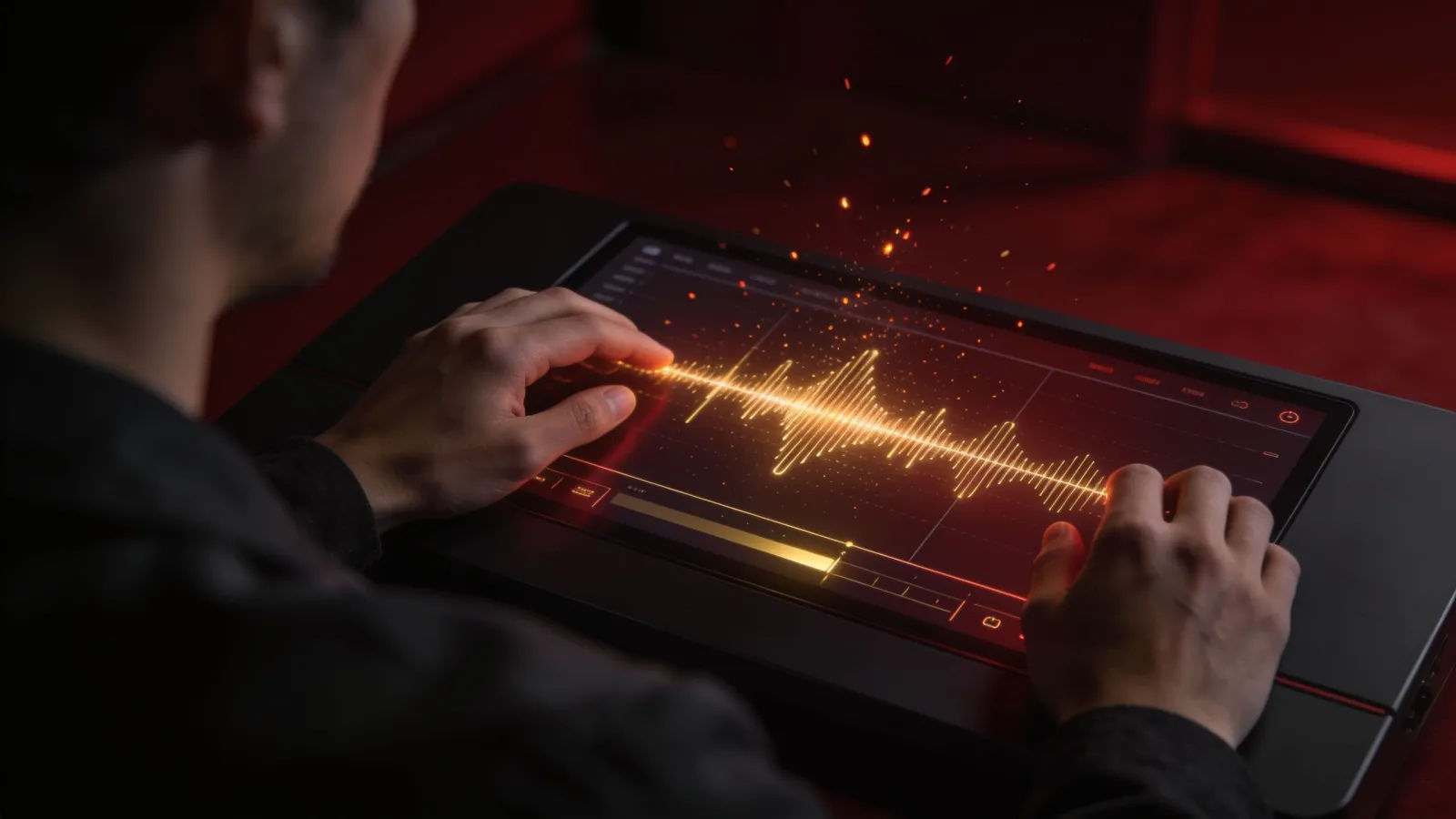 Hands at a dark console with ember-lit waveform