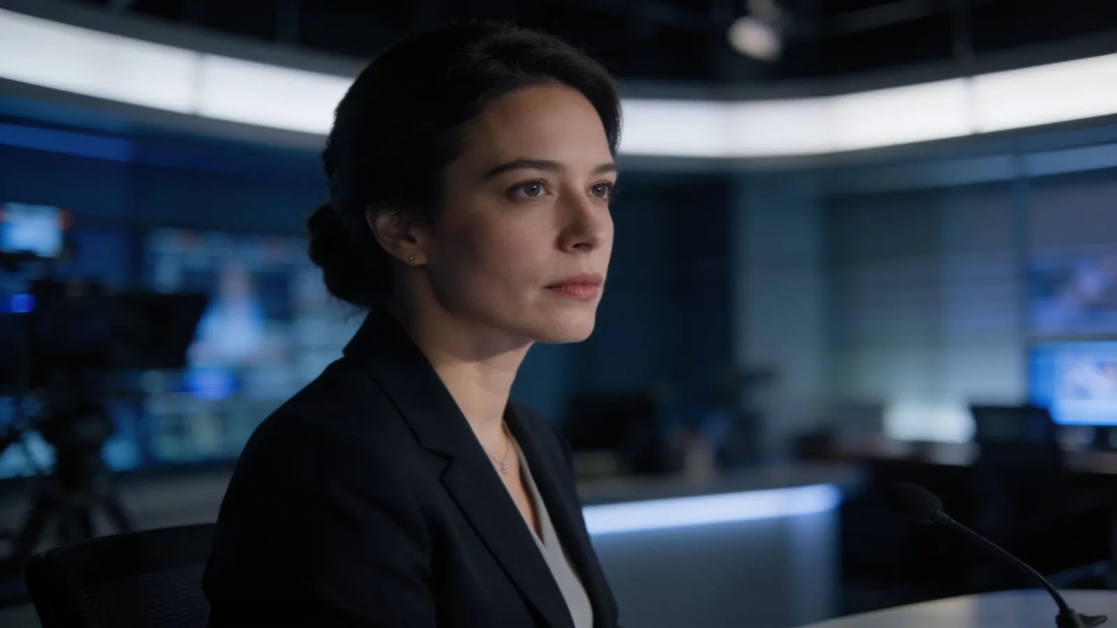 Composed broadcaster in a dim studio, screen-lit
