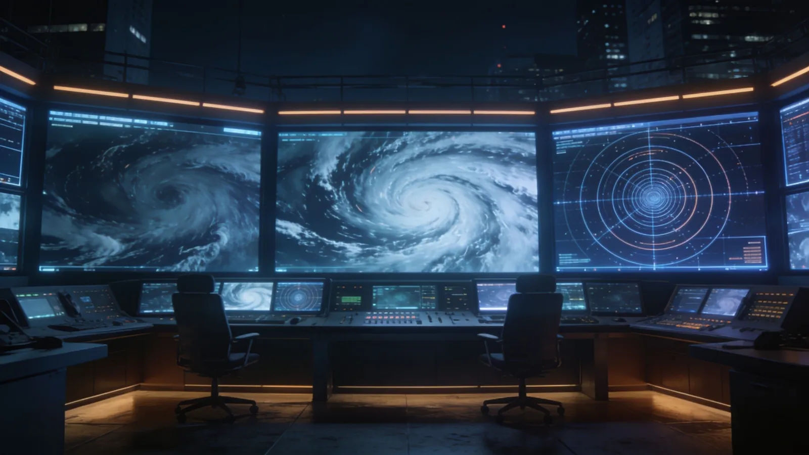 Broadcast control room with glowing storm-map screens