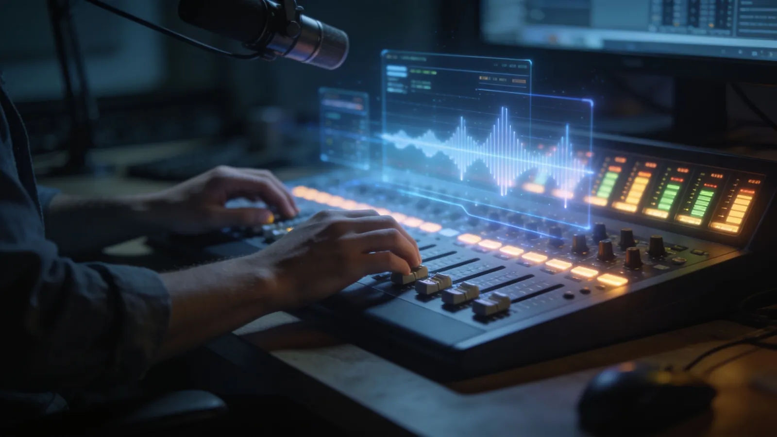 Hands at a broadcast console with waveform interface