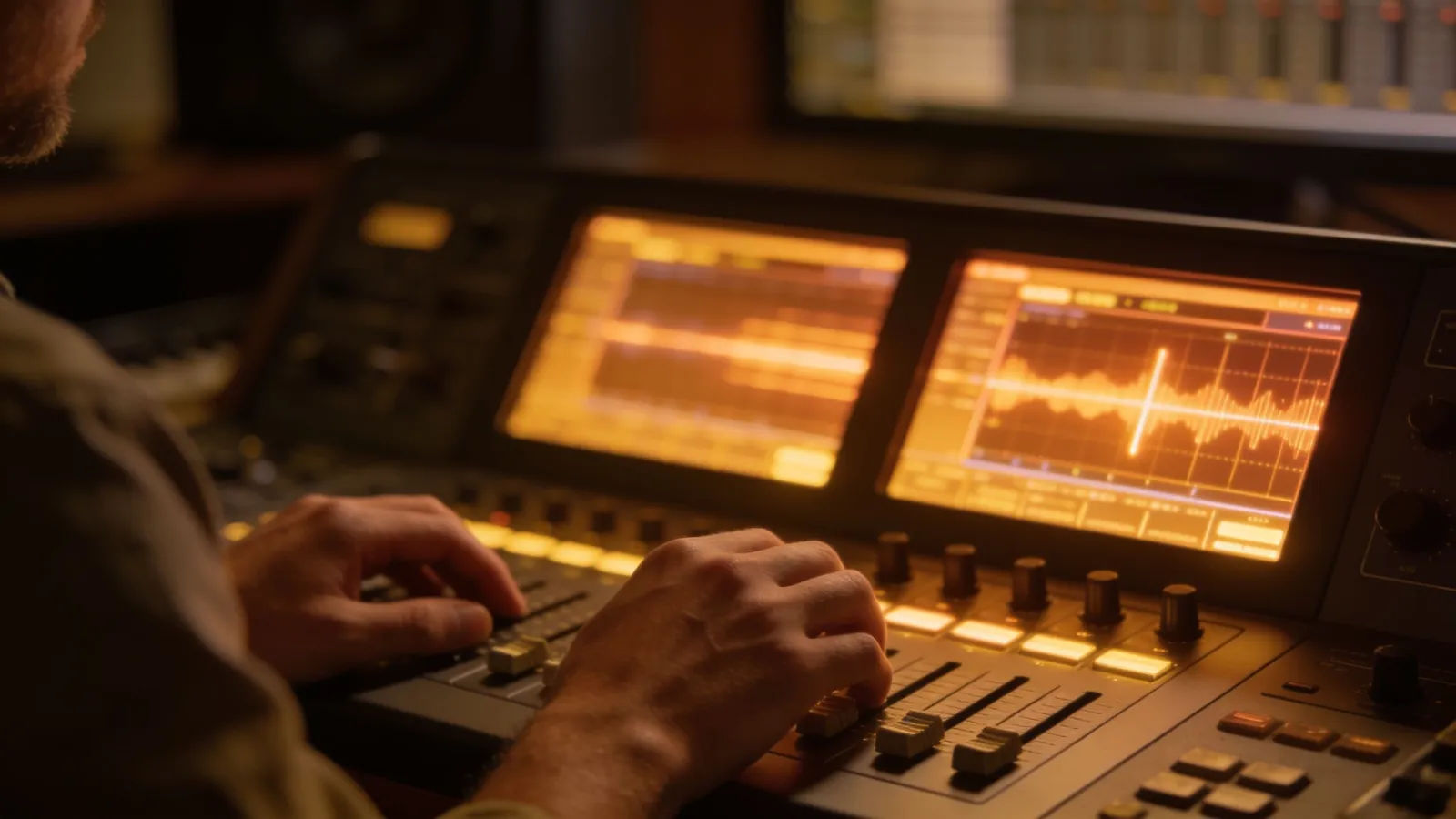 Hands at console with golden glow panels