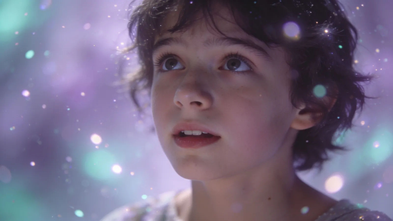 Wondering dreamer amid floating glowing motes of light