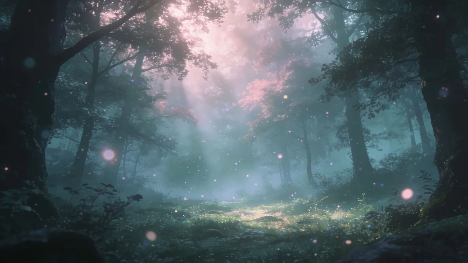 Misty enchanted forest clearing with luminous particles