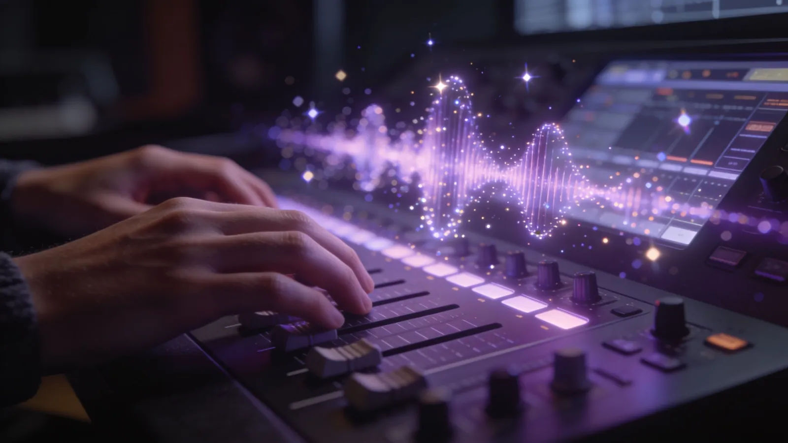 Hands at a violet-lit whimsical audio console