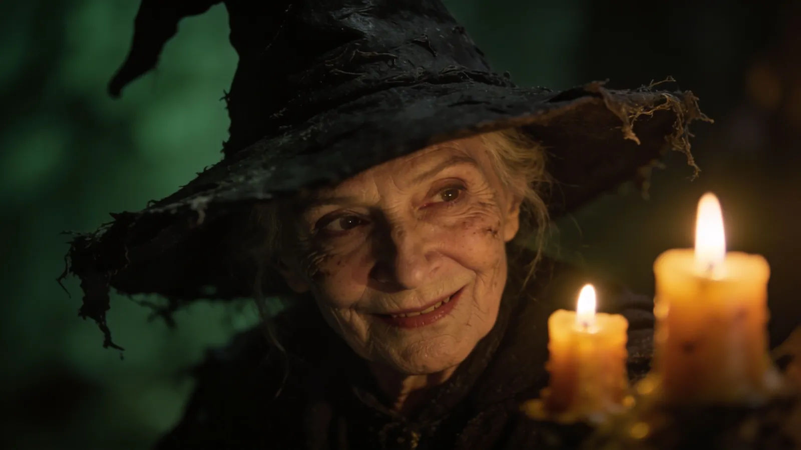 Folklore crone in a pointed hat by candlelight
