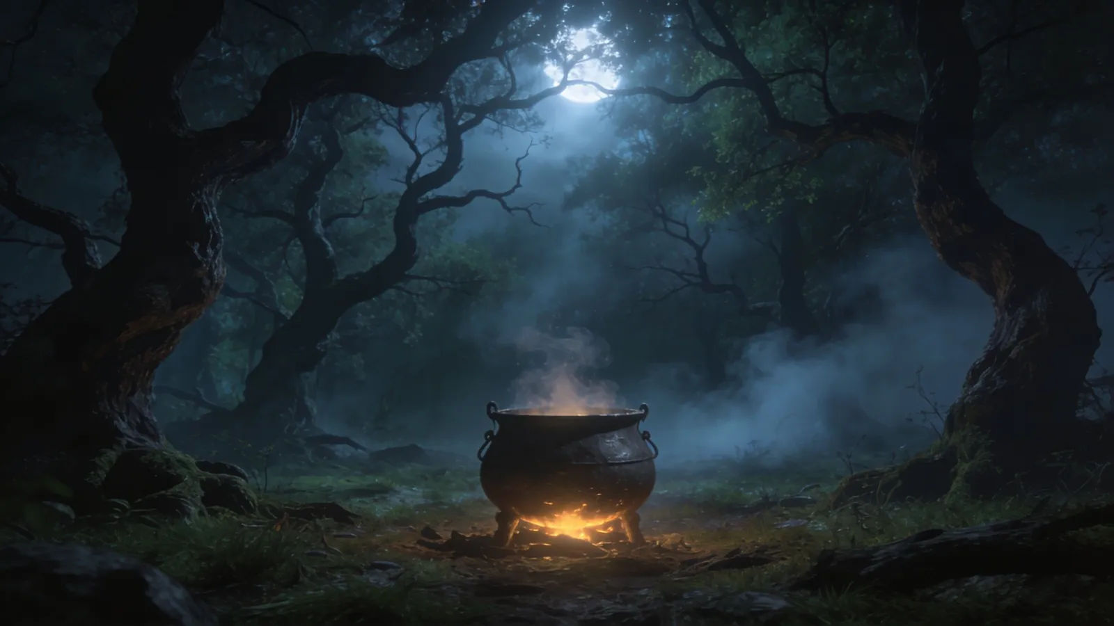 Misty forest clearing with a glowing bubbling cauldron