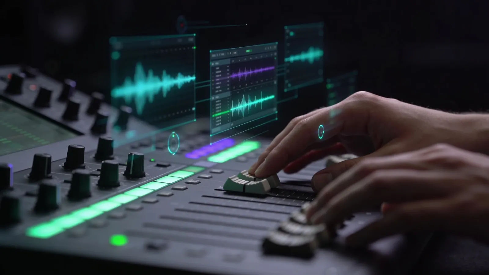 Hands at a console with eerie green-lit interface