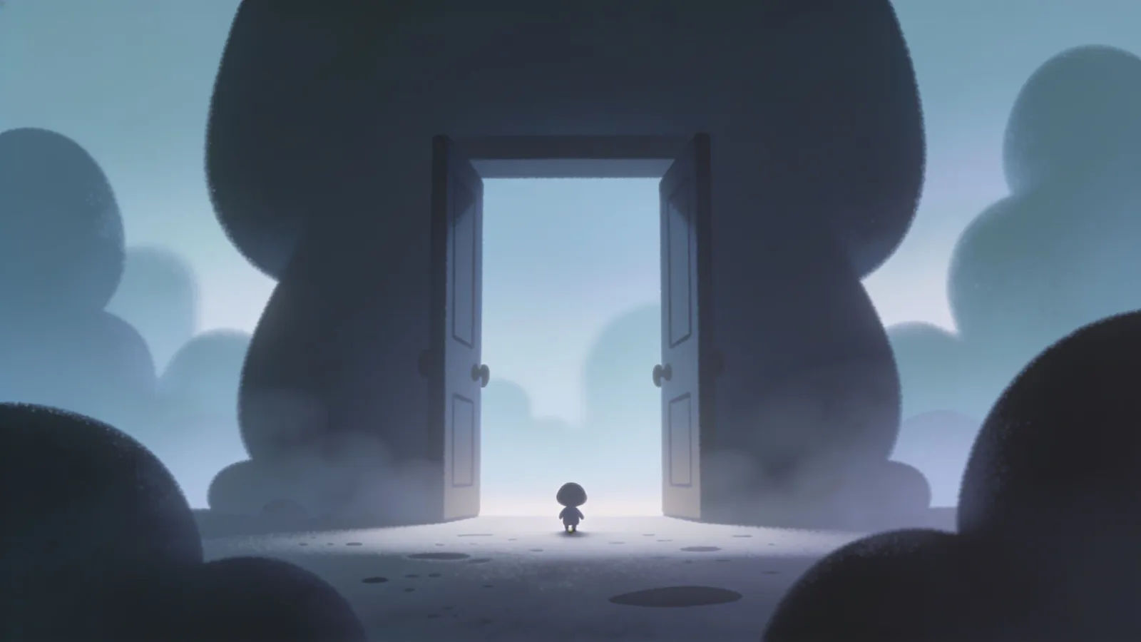Small lone figure shrinking against vast shadowy set