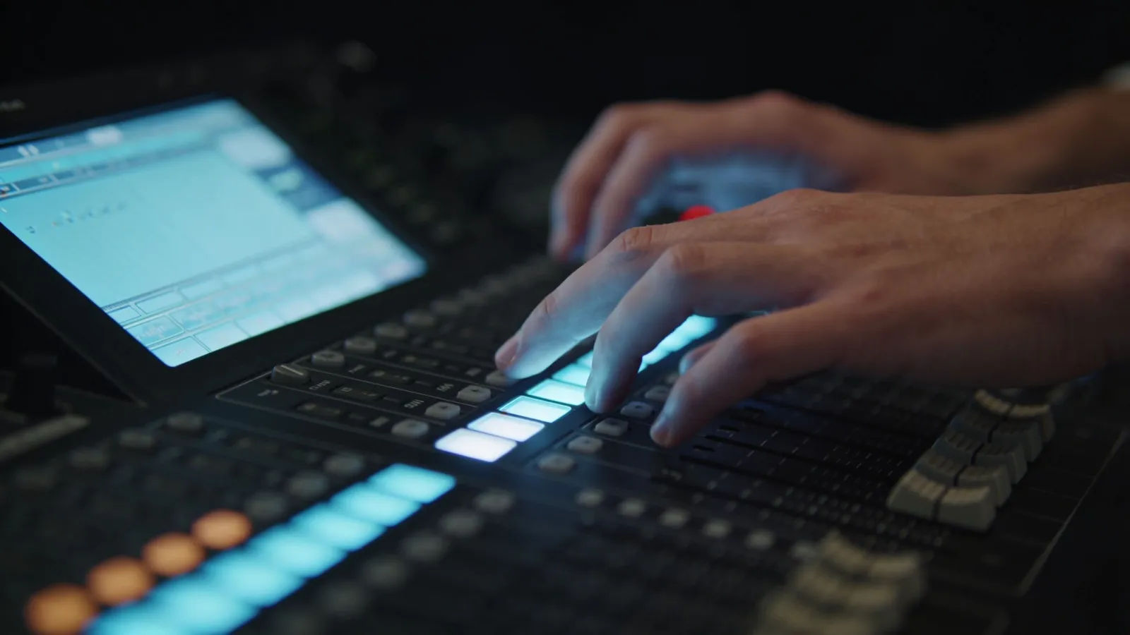 Hesitant hands over console with pale-blue audio UI