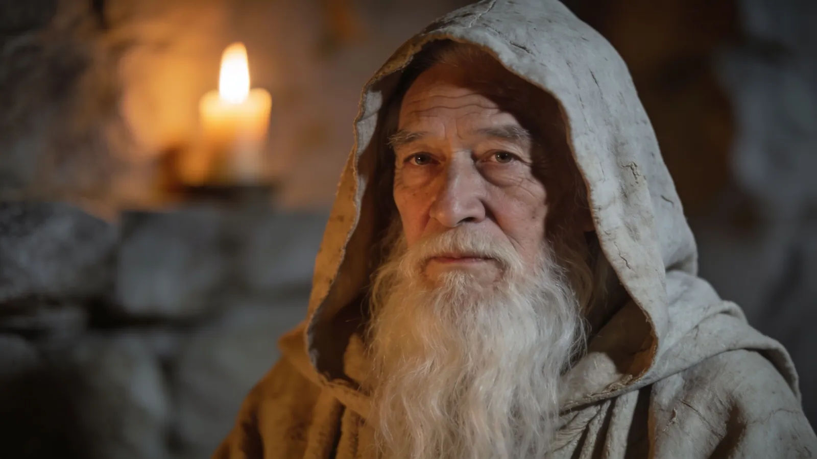 Invented bearded elder mystic in candlelight