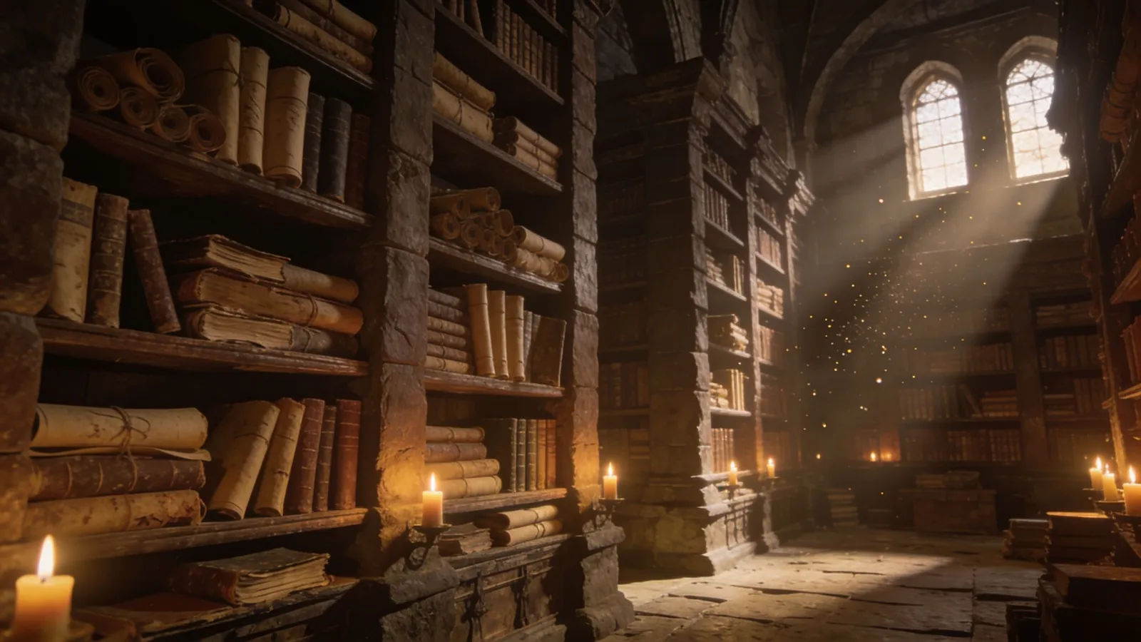 Candlelit ancient library of scrolls and tomes